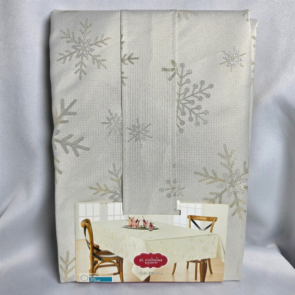 St Nicholas Square Round Tablecloth 70 Inch Silver Gold Metallic Snowflake New